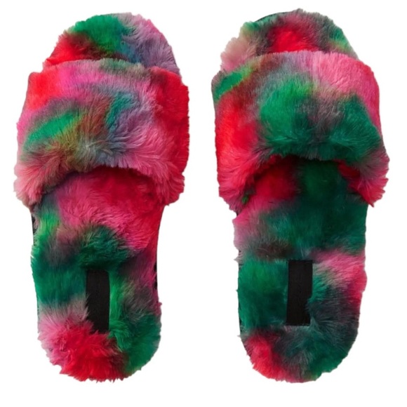 PINK SOFT PLUSH FAUX FUR COLORFUL SLIDE SLIPPERS SMALL 5/6 New with Tag - Picture 2 of 4